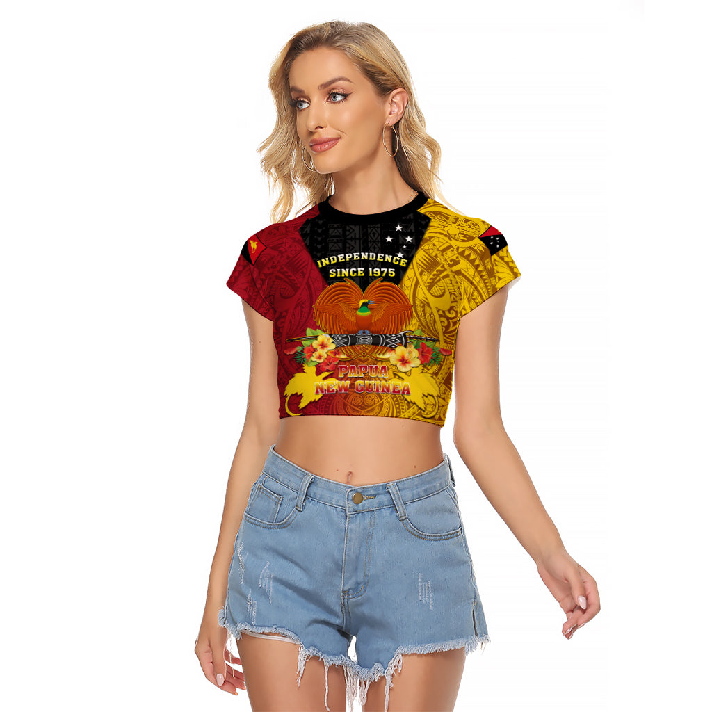 Personalized Papua New Guinea Independence Day Raglan Cropped T Shirt Bird Of Paradise With Polynesian Pattern LT05 Female Yellow - Polynesian Pride
