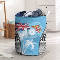Fiji Day 2026 Laundry Basket Masi Tapa Pattern With Palm Tree LT05 Blue - Polynesian Pride