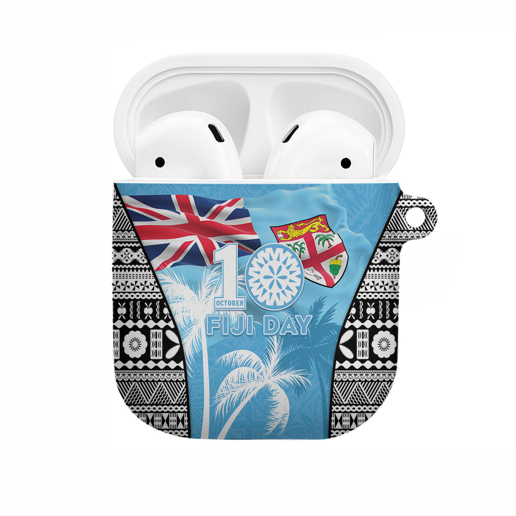 Fiji Day 2026 AirPods Case Masi Tapa Pattern With Palm Tree LT05 Blue - Polynesian Pride