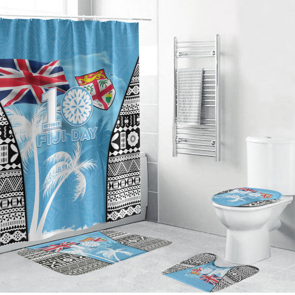 Fiji Day 2026 Bathroom Set Masi Tapa Pattern With Palm Tree LT05 Bathroom Set (4 pcs) Blue - Polynesian Pride