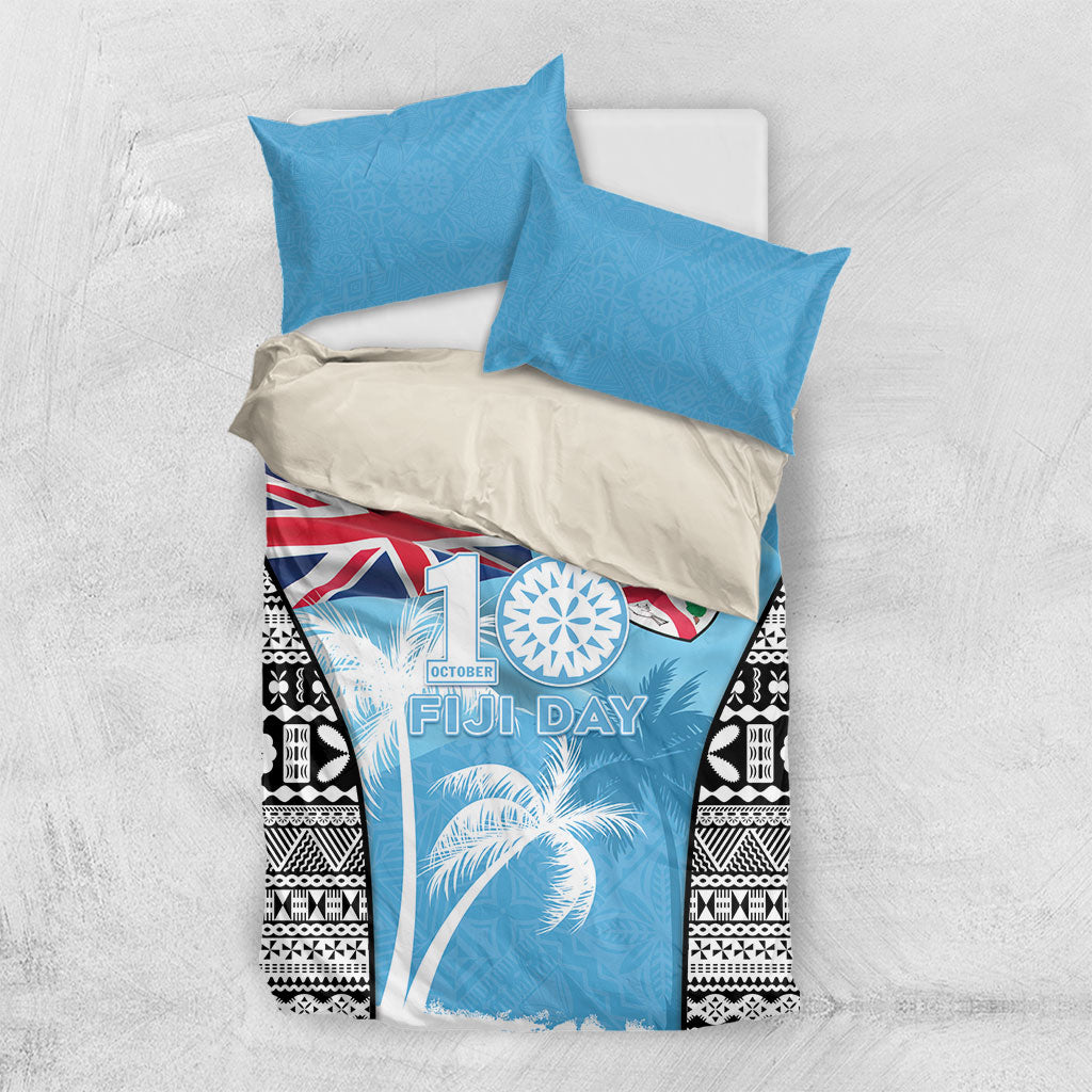 Fiji Day 2026 Bedding Set Masi Tapa Pattern With Palm Tree LT05 US Twin 172cm x 218cm Blue - Polynesian Pride