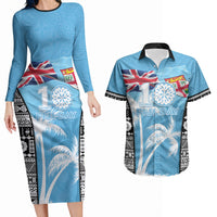 Personalised Fiji Day 2026 Couples Matching Long Sleeve Bodycon Dress and Hawaiian Shirt Masi Tapa Pattern With Palm Tree LT05 Blue - Polynesian Pride
