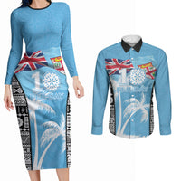 Personalised Fiji Day 2026 Couples Matching Long Sleeve Bodycon Dress and Long Sleeve Button Shirt Masi Tapa Pattern With Palm Tree LT05 Blue - Polynesian Pride