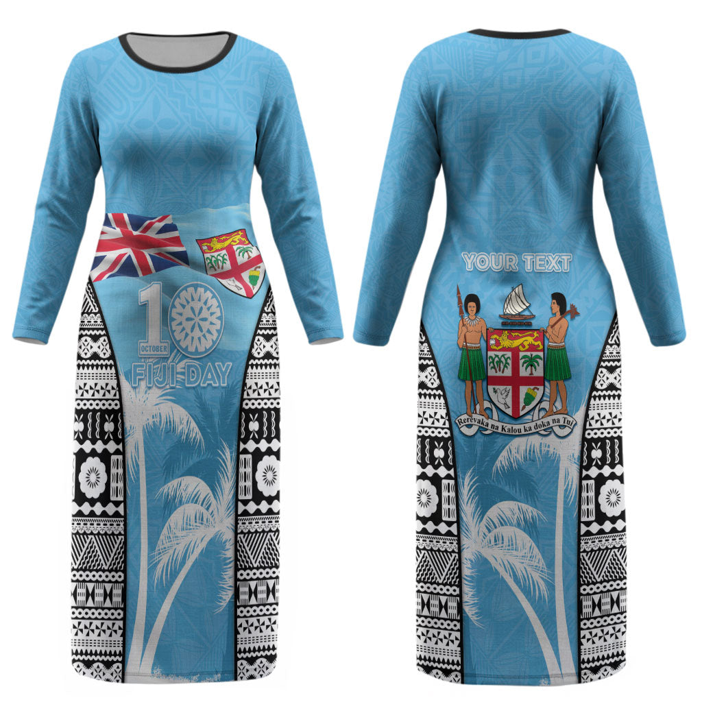 Personalised Fiji Day 2026 Couples Matching Long Sleeve Bodycon Dress and Long Sleeve Button Shirt Masi Tapa Pattern With Palm Tree LT05 - Polynesian Pride
