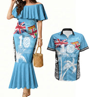 Personalised Fiji Day 2026 Couples Matching Mermaid Dress and Hawaiian Shirt Masi Tapa Pattern With Palm Tree LT05 Blue - Polynesian Pride