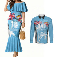 Personalised Fiji Day 2026 Couples Matching Mermaid Dress and Long Sleeve Button Shirt Masi Tapa Pattern With Palm Tree LT05 Blue - Polynesian Pride