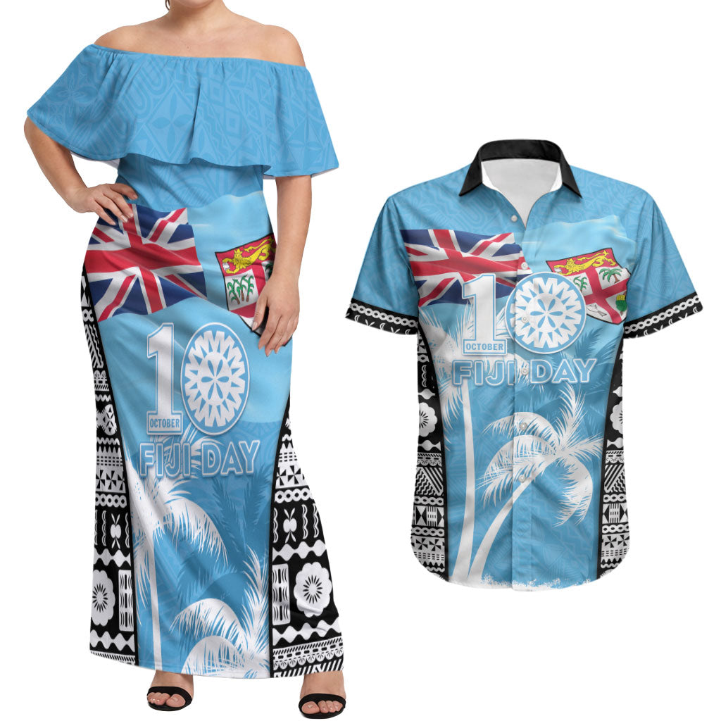 Personalised Fiji Day 2026 Couples Matching Off Shoulder Maxi Dress and Hawaiian Shirt Masi Tapa Pattern With Palm Tree LT05 Blue - Polynesian Pride