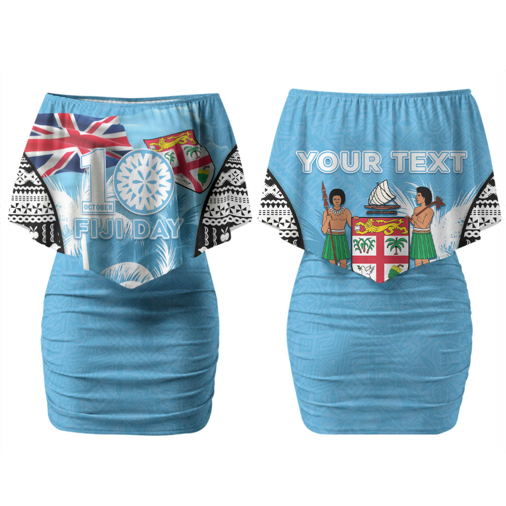 Personalised Fiji Day 2026 Couples Matching Off Shoulder Short Dress and Hawaiian Shirt Masi Tapa Pattern With Palm Tree LT05 - Polynesian Pride