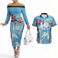 Personalised Fiji Day 2026 Couples Matching Off The Shoulder Long Sleeve Dress and Hawaiian Shirt Masi Tapa Pattern With Palm Tree LT05 Blue - Polynesian Pride