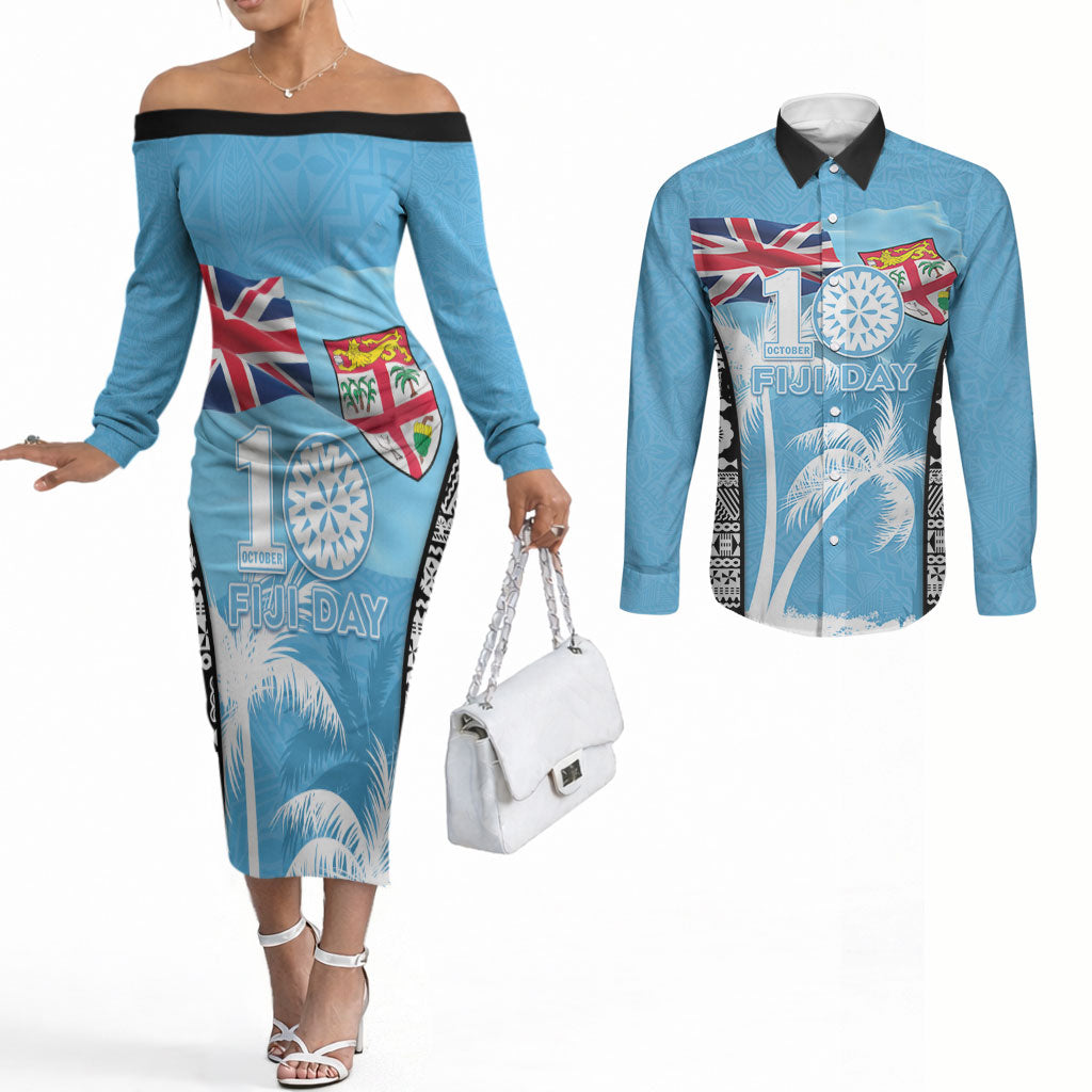 Personalised Fiji Day 2026 Couples Matching Off The Shoulder Long Sleeve Dress and Long Sleeve Button Shirt Masi Tapa Pattern With Palm Tree LT05 Blue - Polynesian Pride