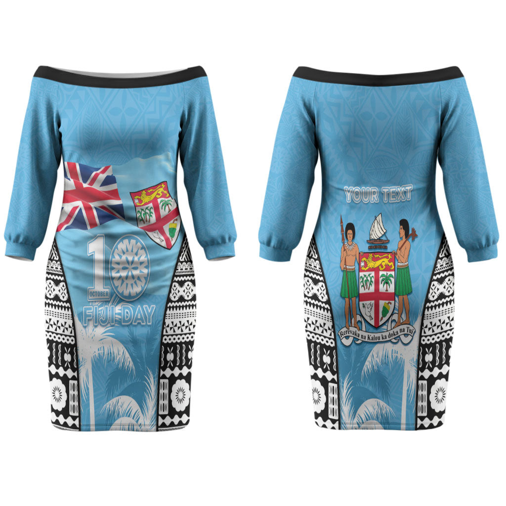 Personalised Fiji Day 2026 Couples Matching Off The Shoulder Long Sleeve Dress and Long Sleeve Button Shirt Masi Tapa Pattern With Palm Tree LT05 - Polynesian Pride