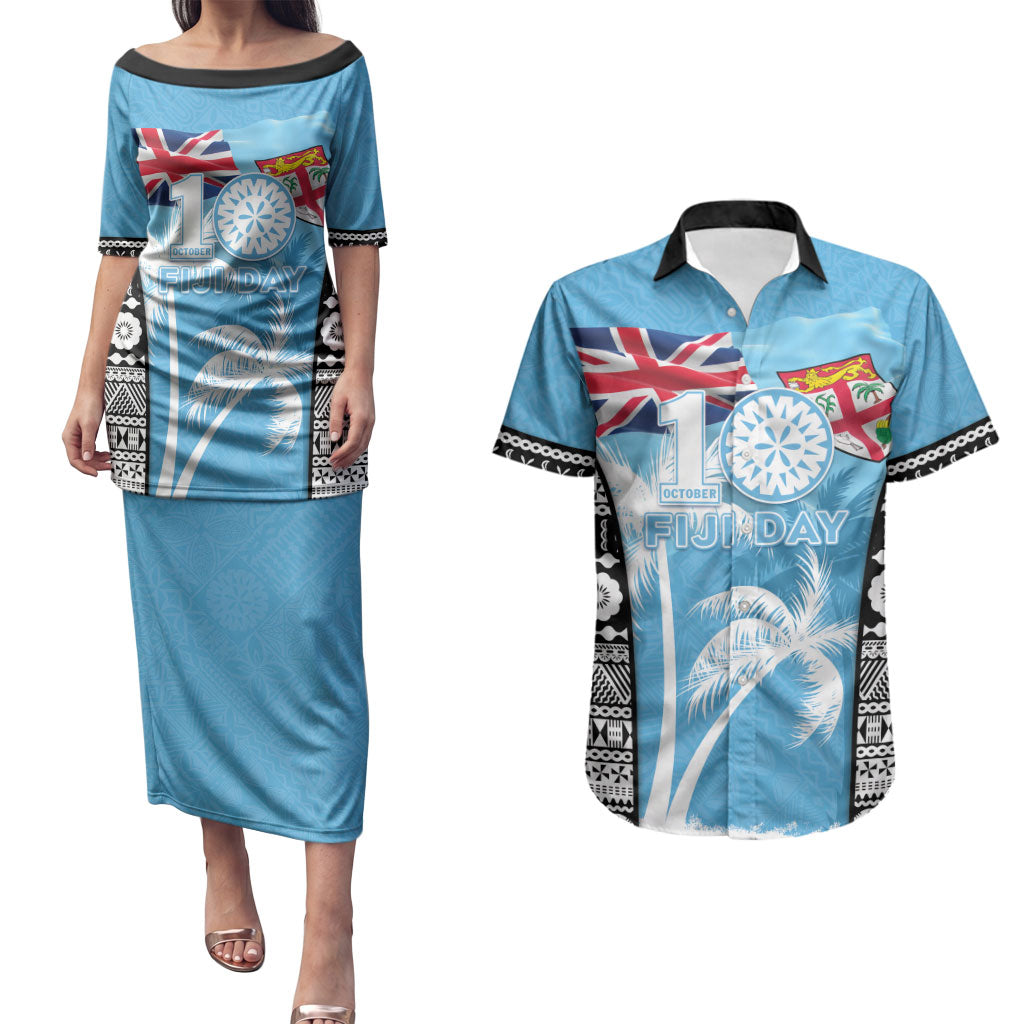 Personalised Fiji Day 2026 Couples Matching Puletasi and Hawaiian Shirt Masi Tapa Pattern With Palm Tree LT05 Blue - Polynesian Pride