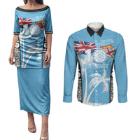 Personalised Fiji Day 2026 Couples Matching Puletasi and Long Sleeve Button Shirt Masi Tapa Pattern With Palm Tree LT05 Blue - Polynesian Pride
