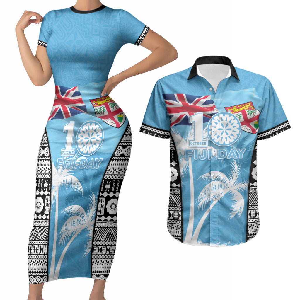 Personalised Fiji Day 2026 Couples Matching Short Sleeve Bodycon Dress and Hawaiian Shirt Masi Tapa Pattern With Palm Tree LT05 Blue - Polynesian Pride