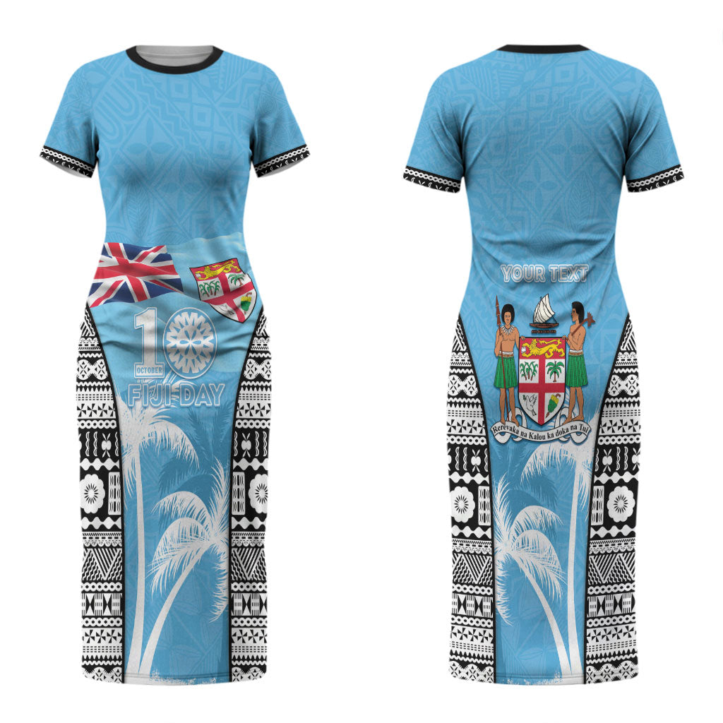 Personalised Fiji Day 2026 Couples Matching Short Sleeve Bodycon Dress and Long Sleeve Button Shirt Masi Tapa Pattern With Palm Tree LT05 - Polynesian Pride