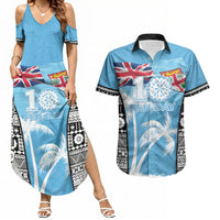 Personalised Fiji Day 2026 Couples Matching Summer Maxi Dress and Hawaiian Shirt Masi Tapa Pattern With Palm Tree LT05 Blue - Polynesian Pride