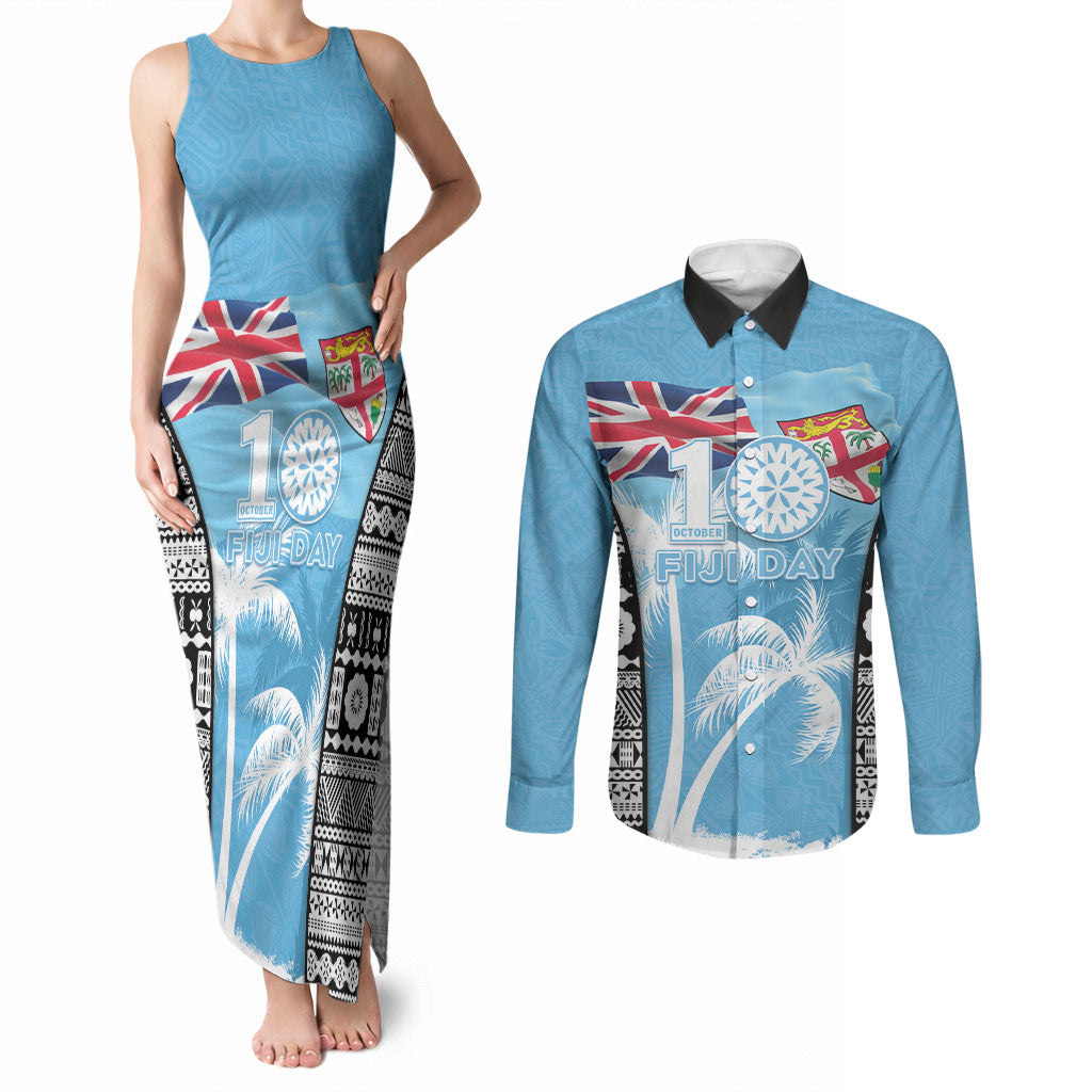 Personalised Fiji Day 2026 Couples Matching Tank Maxi Dress and Long Sleeve Button Shirt Masi Tapa Pattern With Palm Tree LT05 Blue - Polynesian Pride