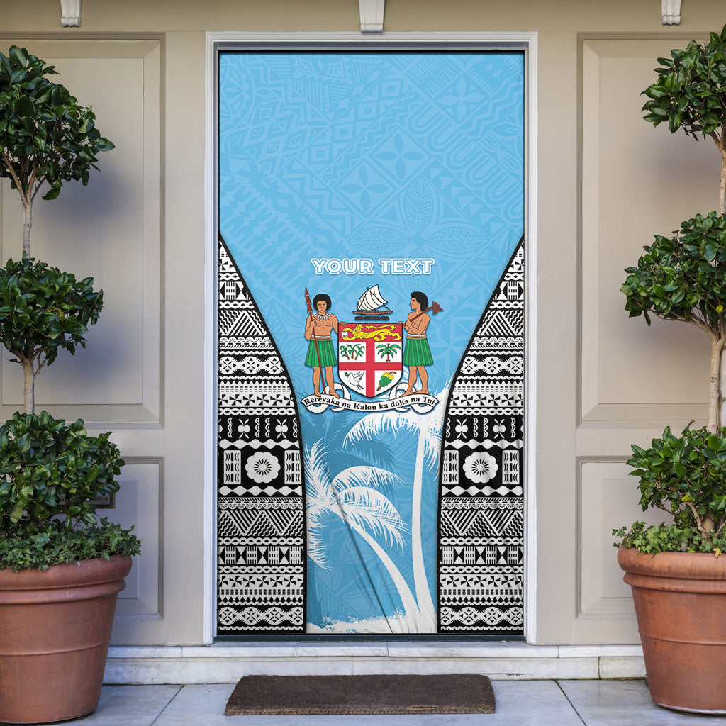 Personalised Fiji Day 2026 Door Cover Masi Tapa Pattern With Palm Tree LT05 Blue - Polynesian Pride