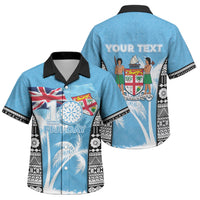 Personalised Fiji Day 2026 Family Matching Long Sleeve Bodycon Dress and Hawaiian Shirt Masi Tapa Pattern With Palm Tree LT05 Son's Shirt Blue - Polynesian Pride