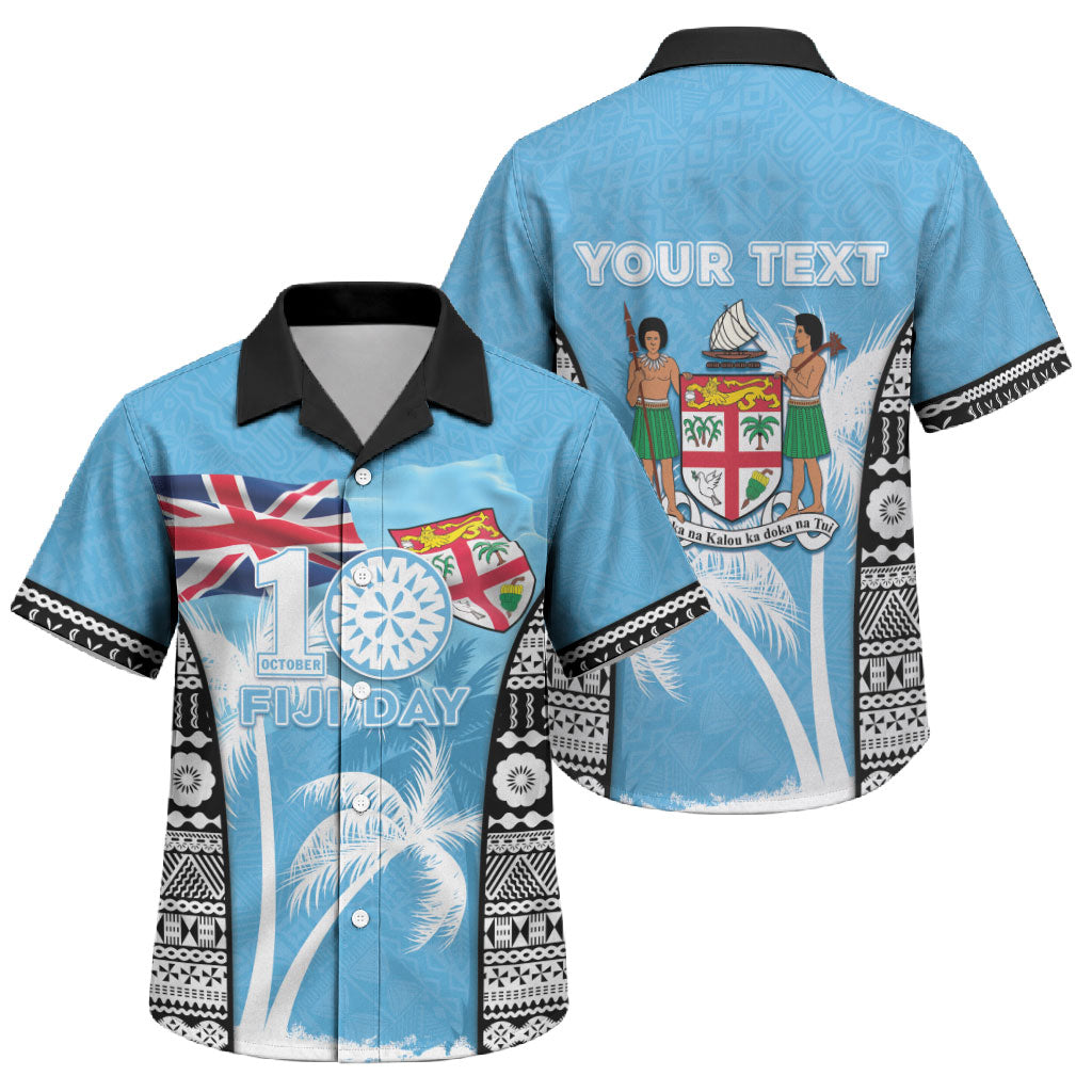 Personalised Fiji Day 2026 Family Matching Off The Shoulder Long Sleeve Dress and Hawaiian Shirt Masi Tapa Pattern With Palm Tree LT05 Son's Shirt Blue - Polynesian Pride