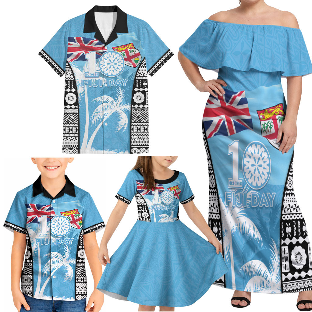 Personalised Fiji Day 2026 Family Matching Off Shoulder Maxi Dress and Hawaiian Shirt Masi Tapa Pattern With Palm Tree LT05 - Polynesian Pride