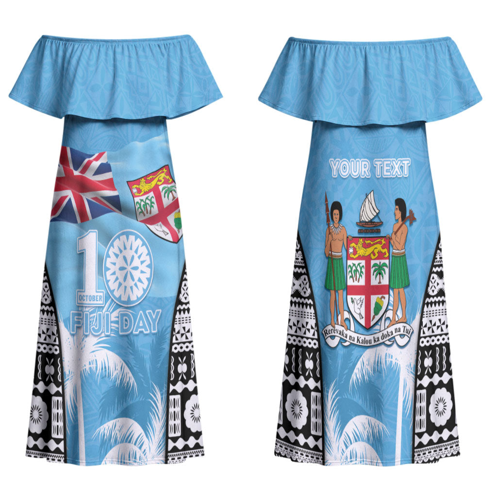 Personalised Fiji Day 2026 Family Matching Off Shoulder Maxi Dress and Hawaiian Shirt Masi Tapa Pattern With Palm Tree LT05 Mom's Dress Blue - Polynesian Pride
