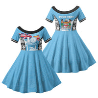 Personalised Fiji Day 2026 Family Matching Off Shoulder Maxi Dress and Hawaiian Shirt Masi Tapa Pattern With Palm Tree LT05 Daughter's Dress Blue - Polynesian Pride