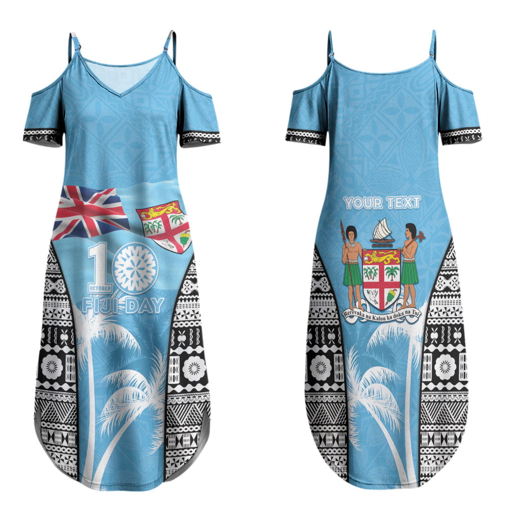 Personalised Fiji Day 2026 Family Matching Summer Maxi Dress and Hawaiian Shirt Masi Tapa Pattern With Palm Tree LT05 Mom's Dress Blue - Polynesian Pride