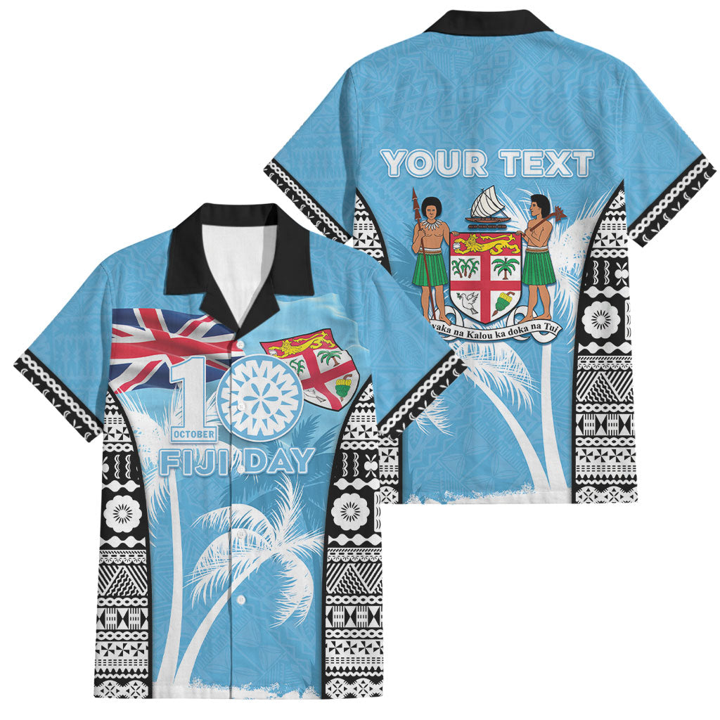 Personalised Fiji Day 2026 Family Matching Summer Maxi Dress and Hawaiian Shirt Masi Tapa Pattern With Palm Tree LT05 Dad's Shirt - Short Sleeve Blue - Polynesian Pride