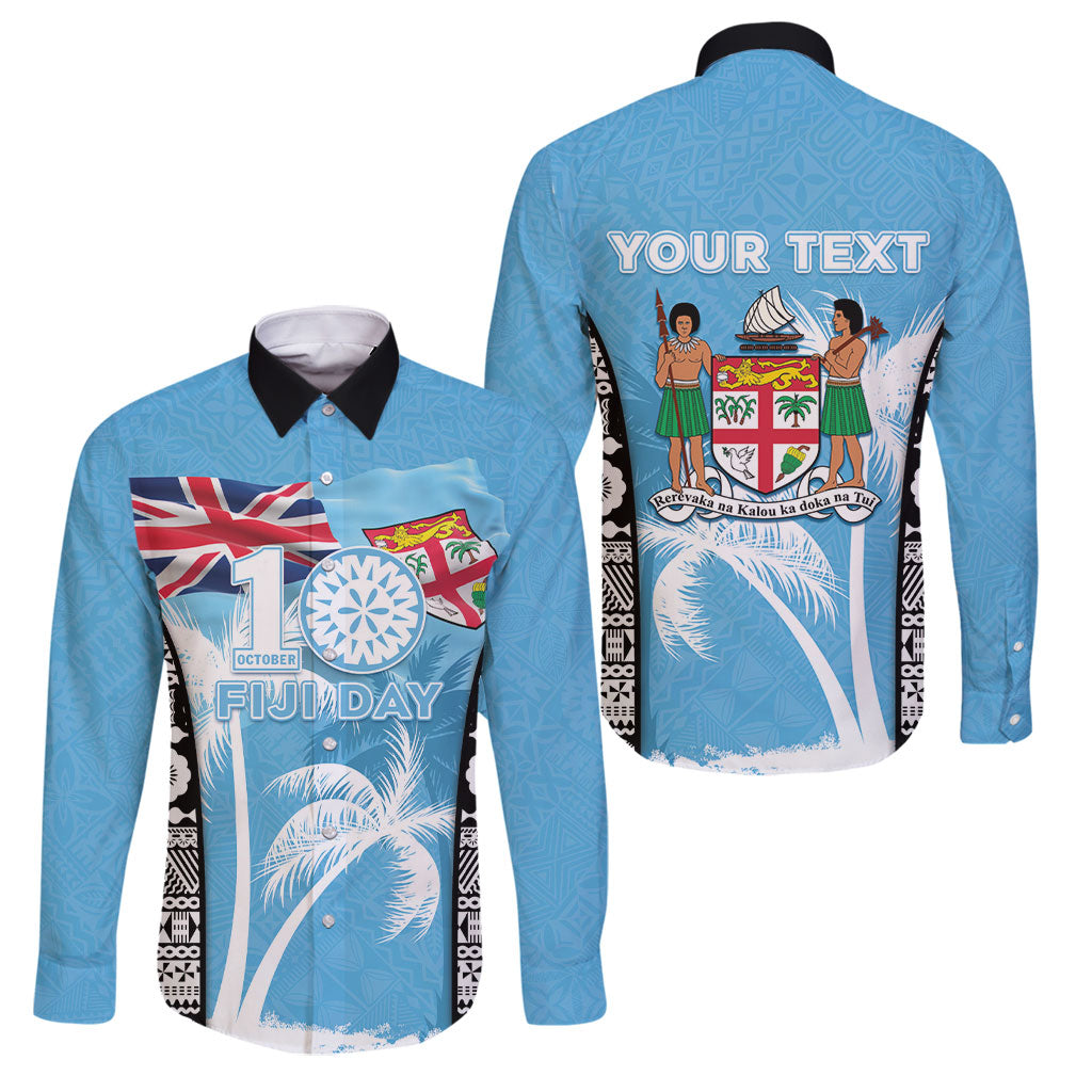 Personalised Fiji Day 2026 Family Matching Summer Maxi Dress and Hawaiian Shirt Masi Tapa Pattern With Palm Tree LT05 Dad's Shirt - Long Sleeve Blue - Polynesian Pride
