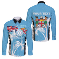 Personalised Fiji Day 2026 Family Matching Tank Maxi Dress and Hawaiian Shirt Masi Tapa Pattern With Palm Tree LT05 Dad's Shirt - Long Sleeve Blue - Polynesian Pride
