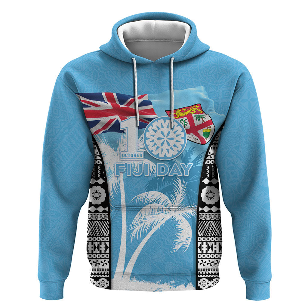 Personalised Fiji Day 2026 Hoodie Masi Tapa Pattern With Palm Tree LT05 Pullover Hoodie Blue - Polynesian Pride