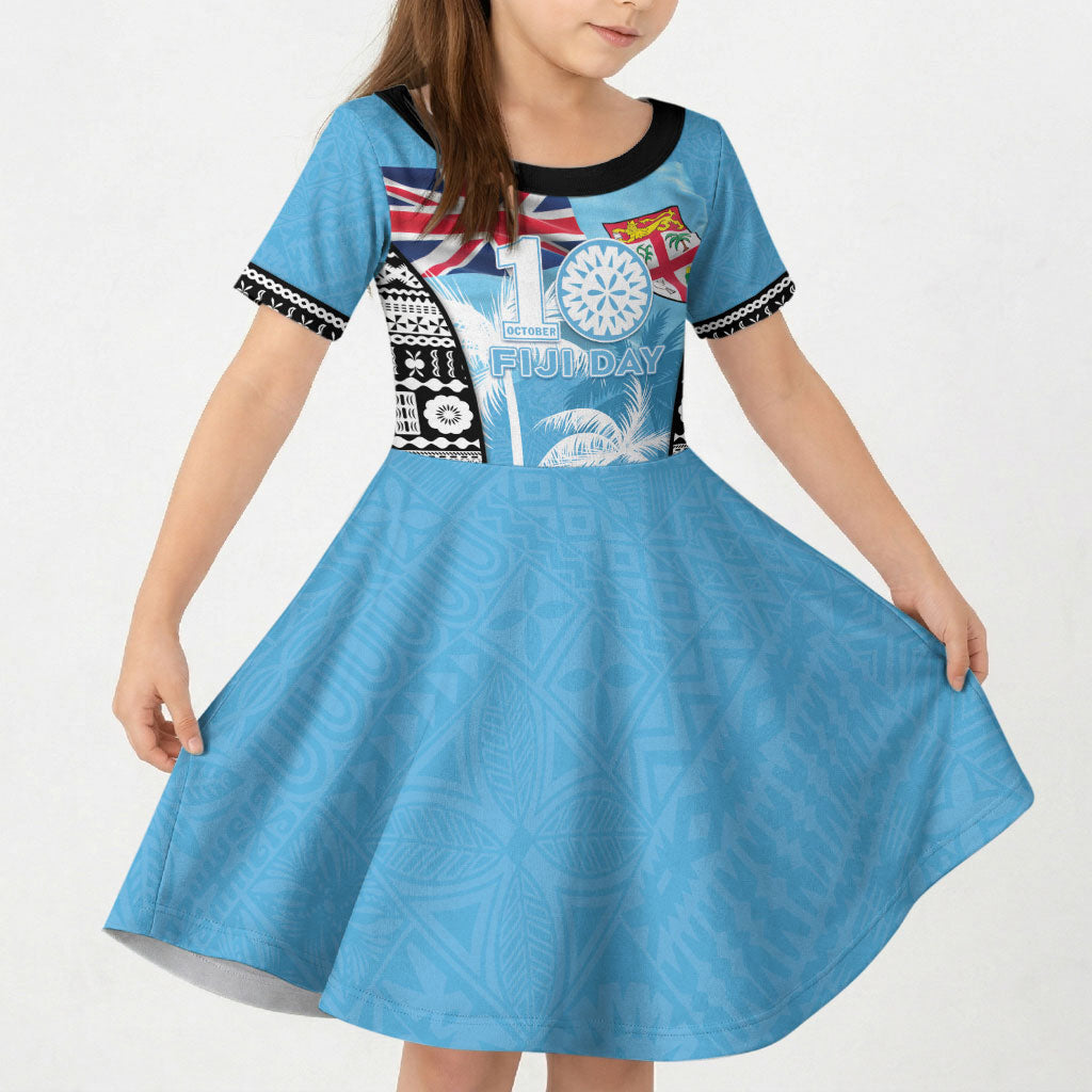 Personalised Fiji Day 2026 Kid Short Sleeve Dress Masi Tapa Pattern With Palm Tree LT05 KID Blue - Polynesian Pride
