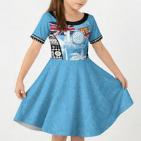 Personalised Fiji Day 2026 Kid Short Sleeve Dress Masi Tapa Pattern With Palm Tree LT05 KID Blue - Polynesian Pride