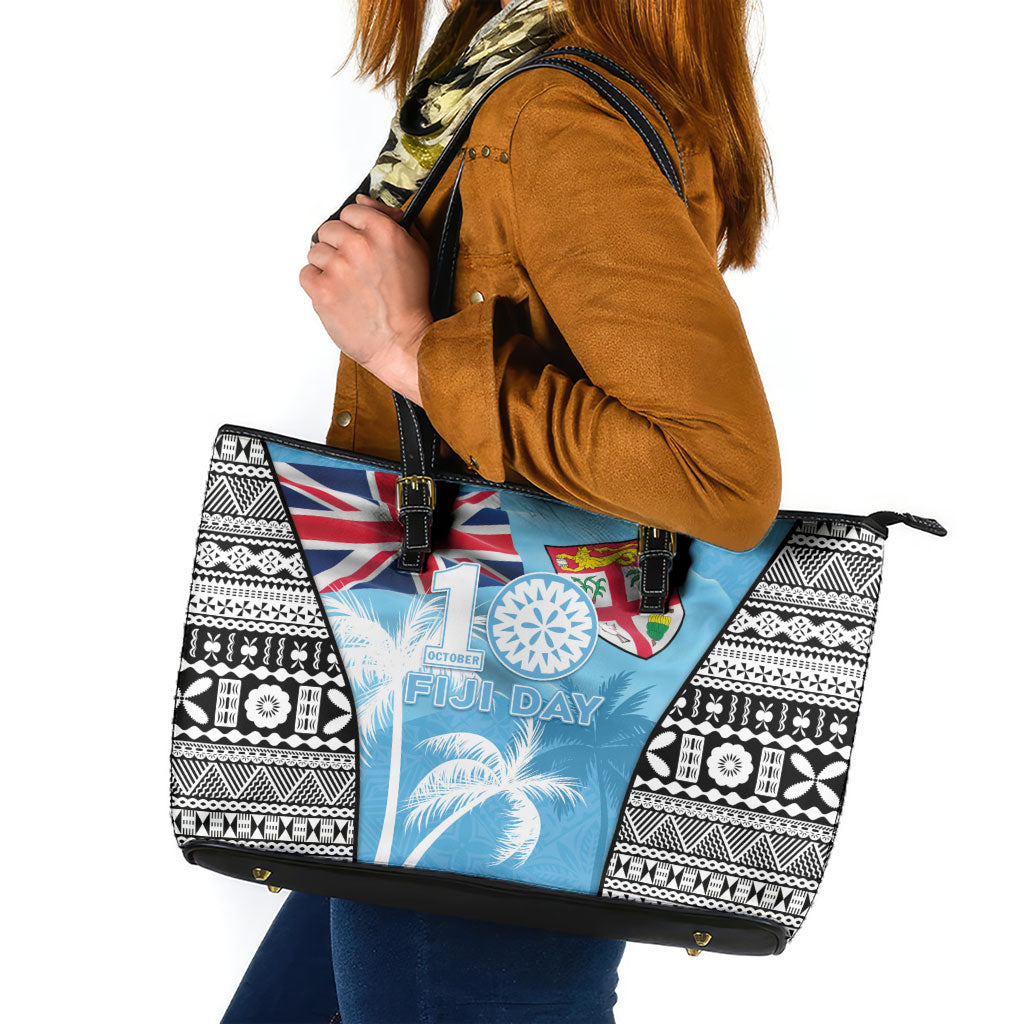 Fiji Day 2026 Leather Tote Bag Masi Tapa Pattern With Palm Tree LT05 Blue - Polynesian Pride