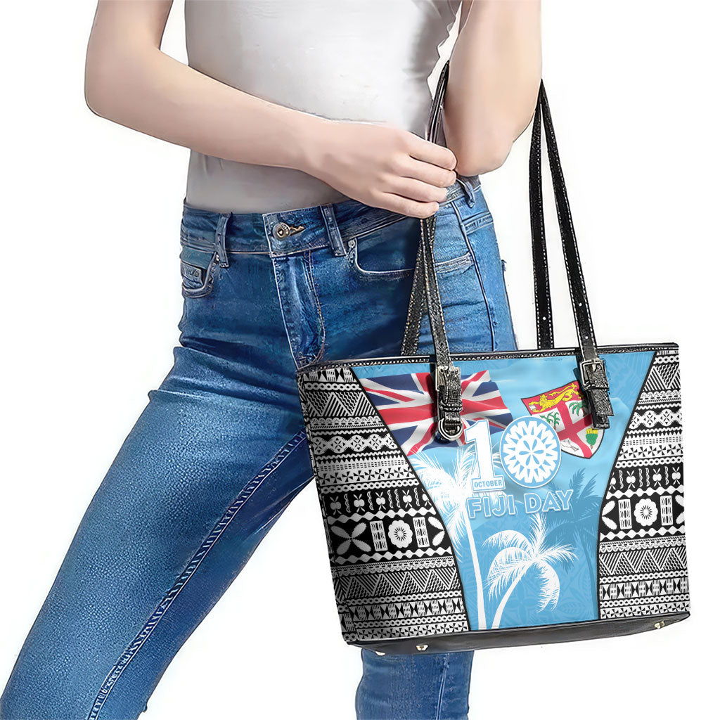 Fiji Day 2026 Leather Tote Bag Masi Tapa Pattern With Palm Tree LT05 - Polynesian Pride