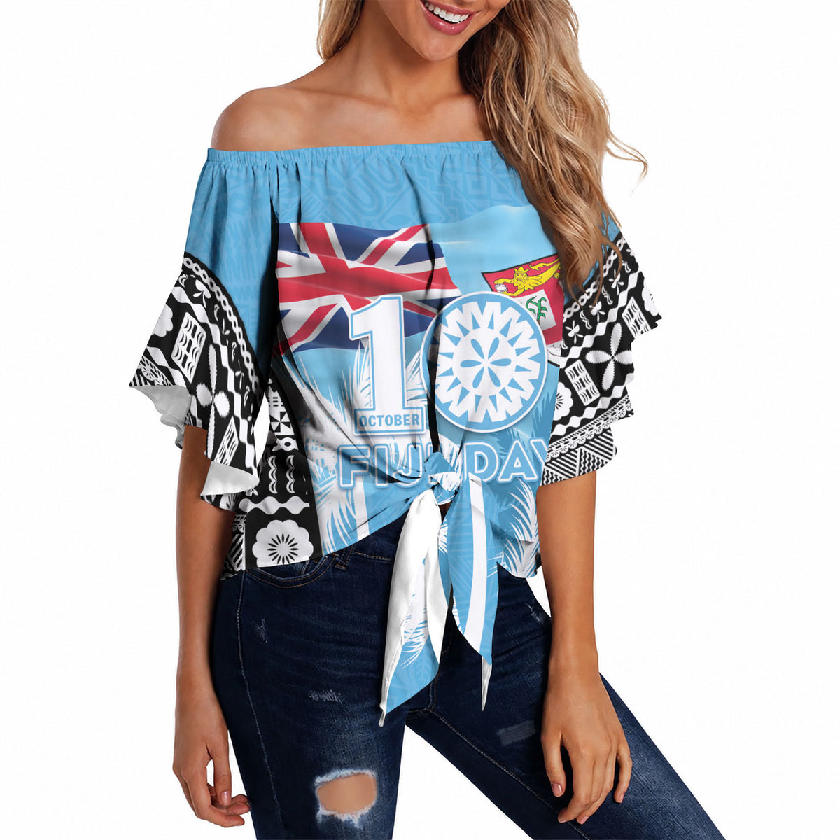 Personalised Fiji Day 2026 Off Shoulder Wrap Waist Top Masi Tapa Pattern With Palm Tree LT05 Blue - Polynesian Pride