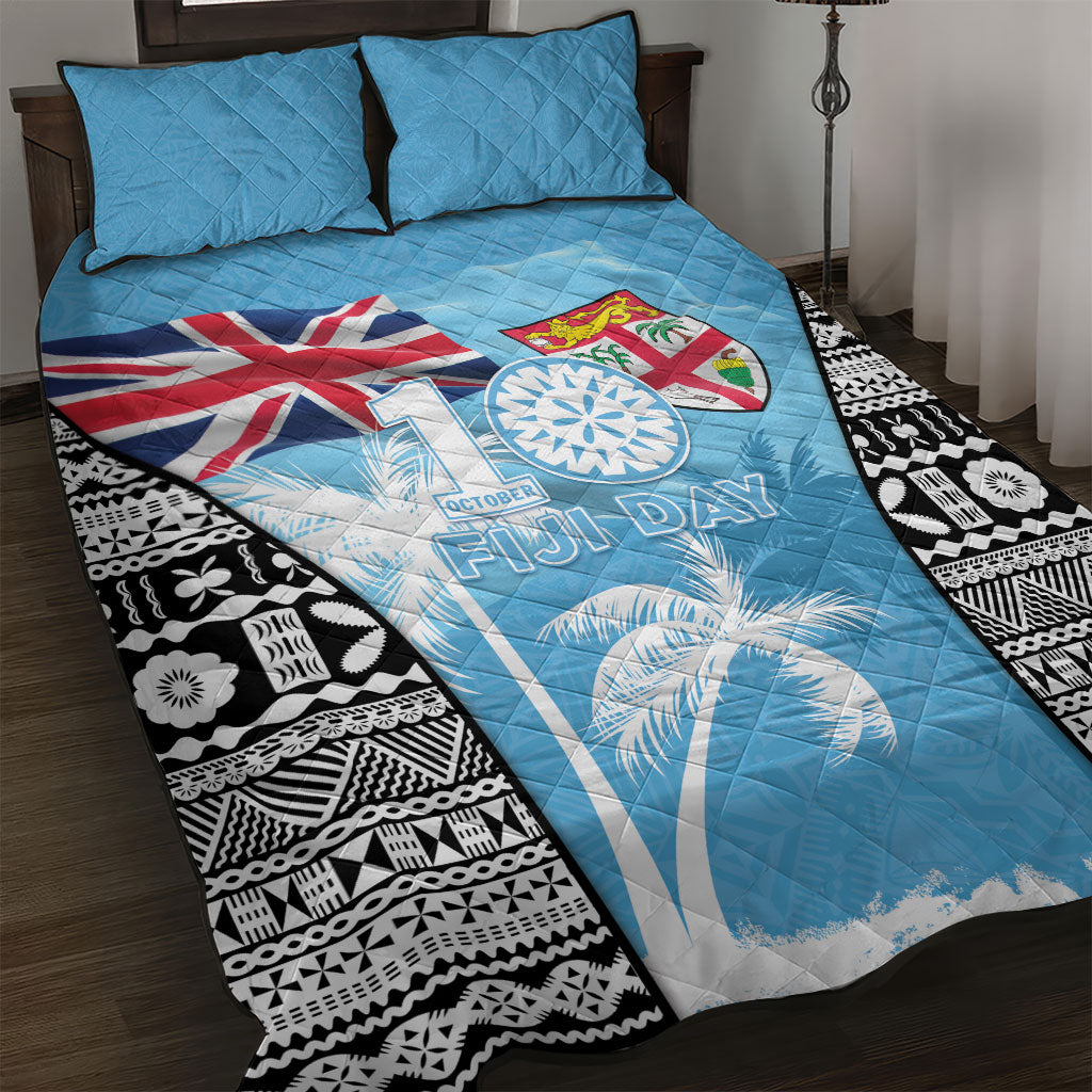 Fiji Day 2026 Quilt Bed Set Masi Tapa Pattern With Palm Tree LT05 Blue - Polynesian Pride