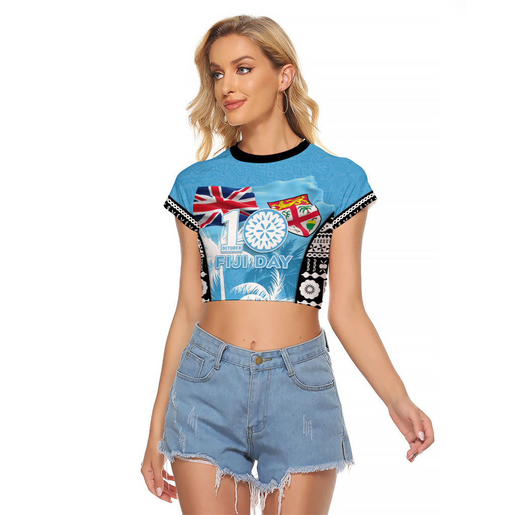Personalised Fiji Day 2026 Raglan Cropped T Shirt Masi Tapa Pattern With Palm Tree LT05 Female Blue - Polynesian Pride