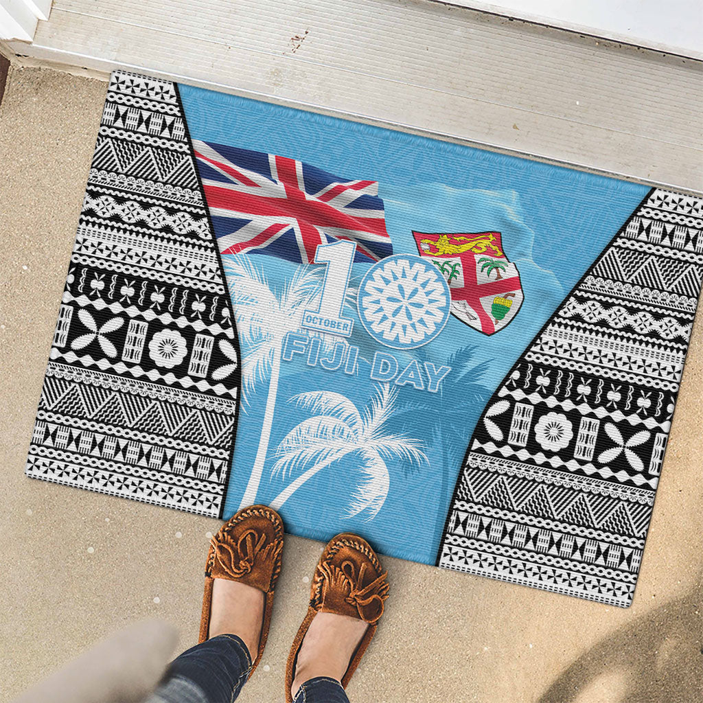 Fiji Day 2026 Rubber Doormat Masi Tapa Pattern With Palm Tree LT05 - Polynesian Pride