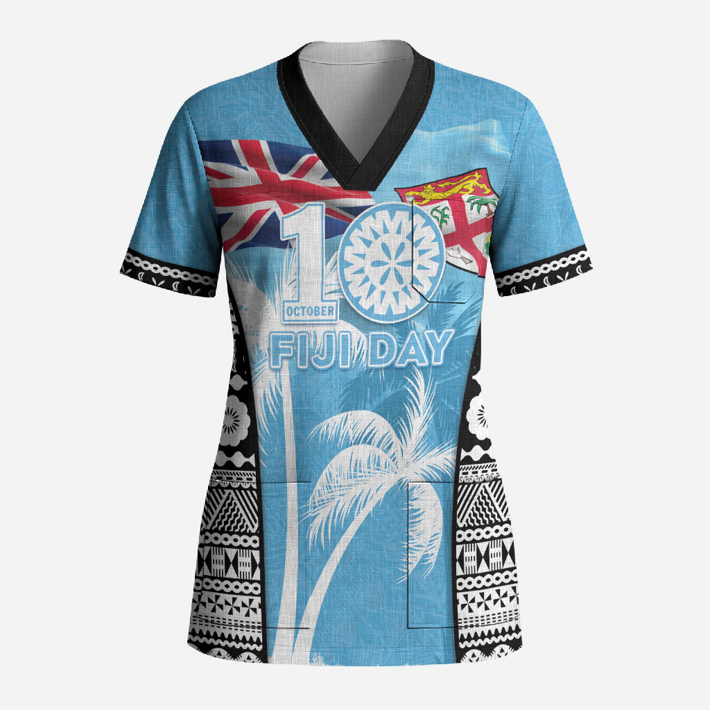 Personalised Fiji Day 2026 Scrub Top Masi Tapa Pattern With Palm Tree LT05 Adult Blue - Polynesian Pride
