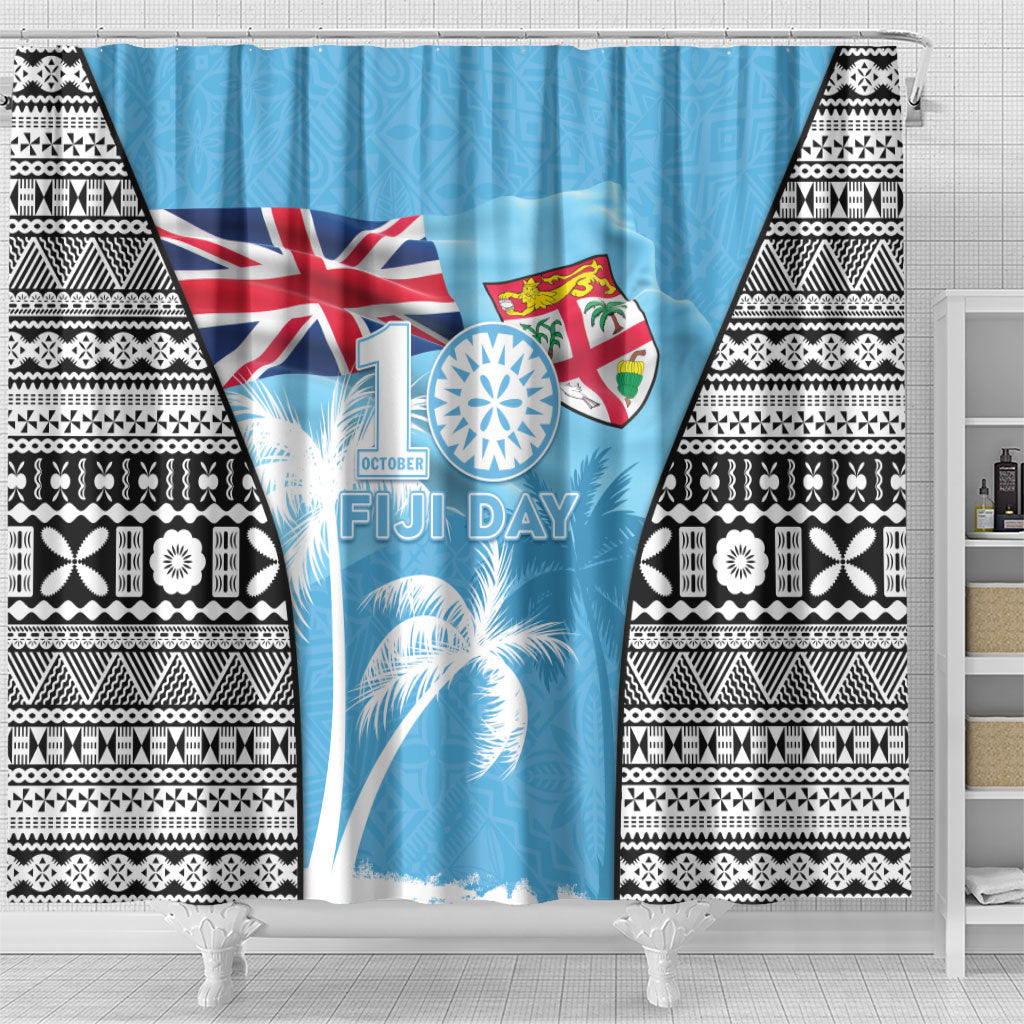 Fiji Day 2026 Shower Curtain Masi Tapa Pattern With Palm Tree LT05 - Polynesian Pride