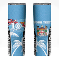 Personalised Fiji Day 2026 Skinny Tumbler Masi Tapa Pattern With Palm Tree LT05 Blue - Polynesian Pride