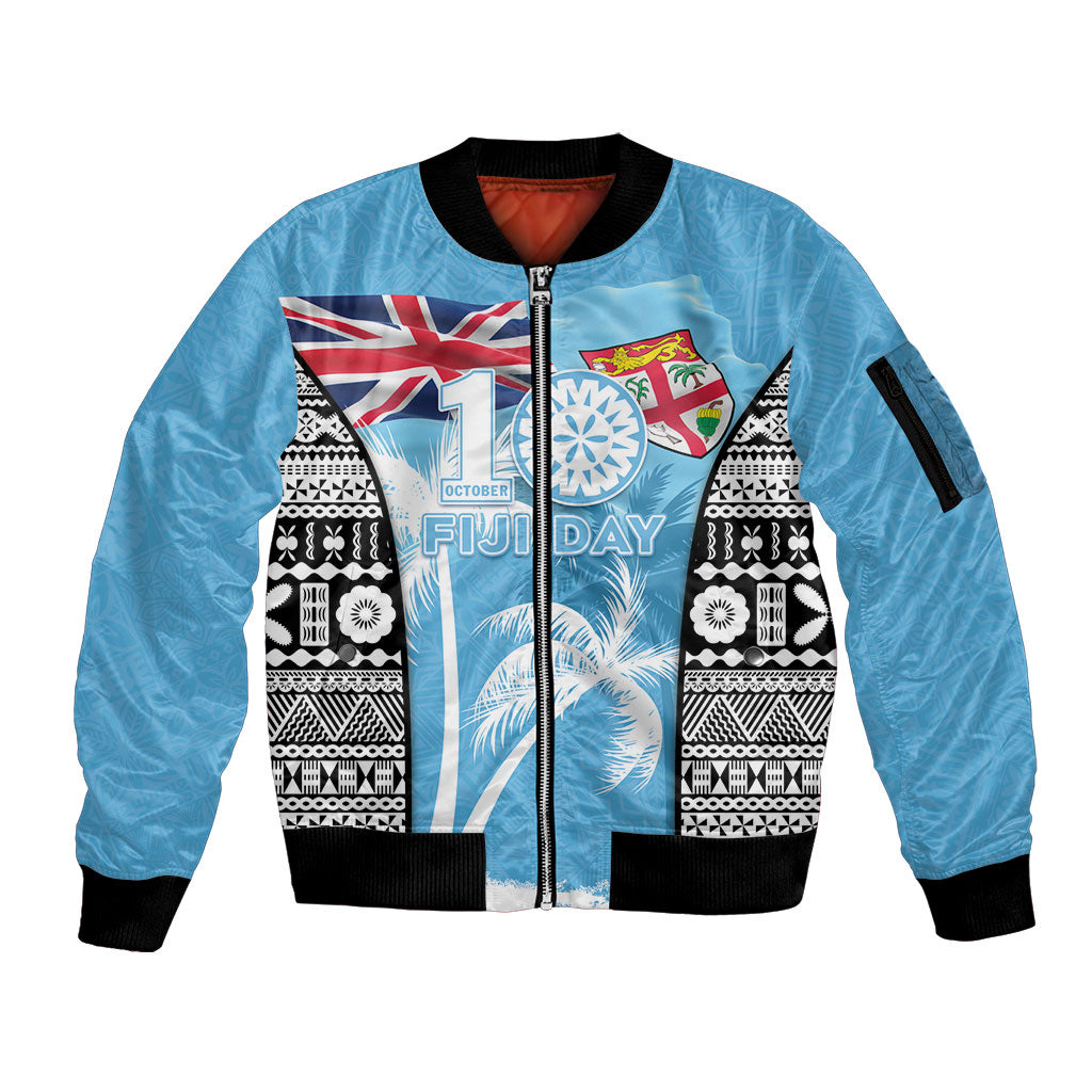 Personalised Fiji Day 2026 Sleeve Zip Bomber Jacket Masi Tapa Pattern With Palm Tree LT05 Unisex Blue - Polynesian Pride