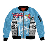 Personalised Fiji Day 2026 Sleeve Zip Bomber Jacket Masi Tapa Pattern With Palm Tree LT05 Unisex Blue - Polynesian Pride