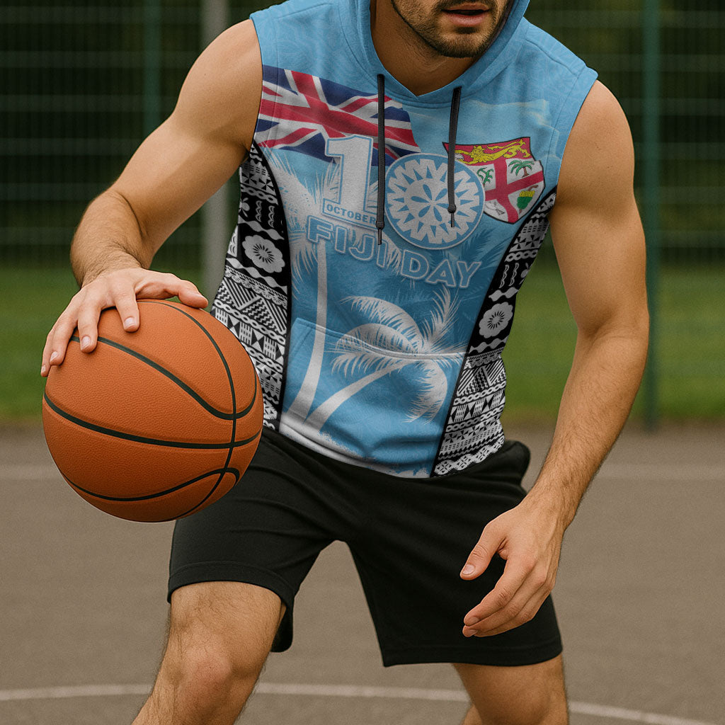 Personalised Fiji Day 2026 Sleeveless Hoodie Masi Tapa Pattern With Palm Tree LT05 - Polynesian Pride