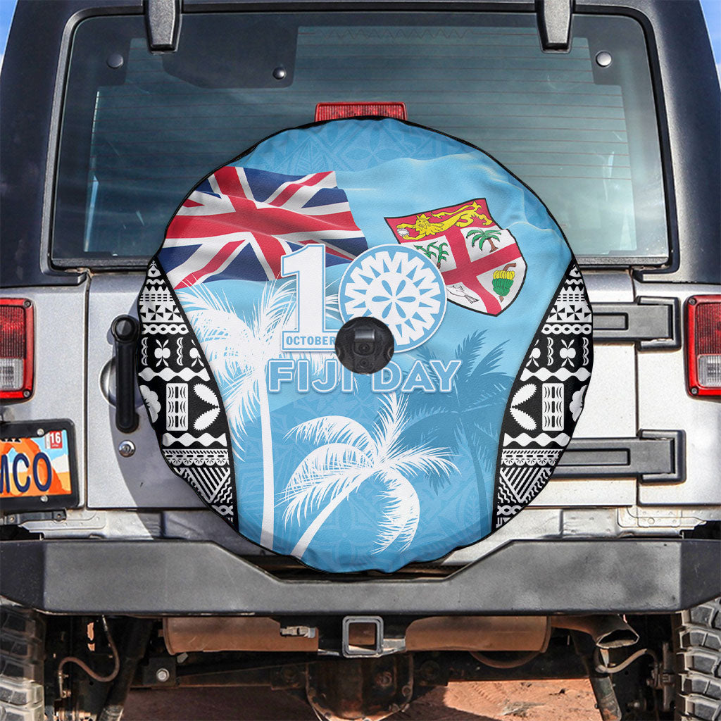Fiji Day 2026 Spare Tire Cover Masi Tapa Pattern With Palm Tree LT05 Blue - Polynesian Pride