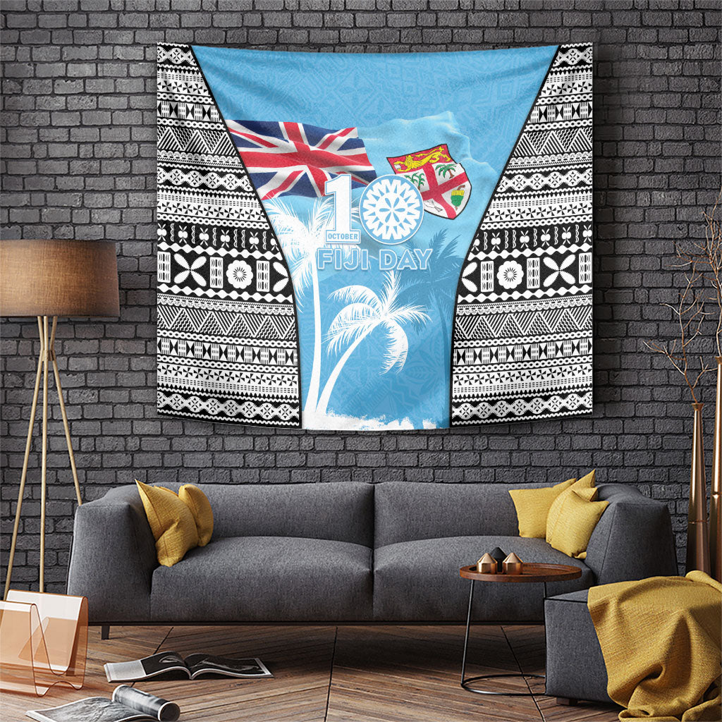 Fiji Day 2026 Tapestry Masi Tapa Pattern With Palm Tree LT05 Blue - Polynesian Pride
