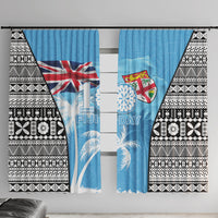 Fiji Day 2026 Window Curtain Masi Tapa Pattern With Palm Tree LT05 With Hooks Blue - Polynesian Pride