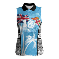 Personalised Fiji Day 2026 Women Sleeveless Polo Shirt Masi Tapa Pattern With Palm Tree LT05 Female Blue - Polynesian Pride